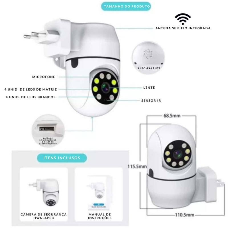 Câmera de Segurança HWN-AP03 Full HD Wifi Visão 360° e Noturna APP yoosee Original Envio Imediato