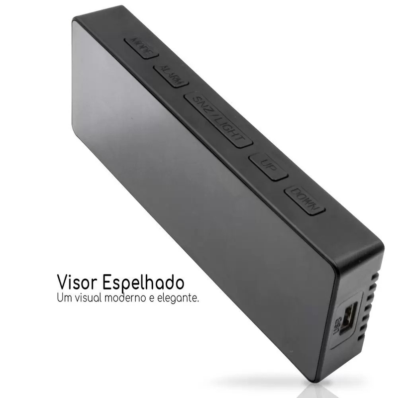 Relógio Despertador Digital De Mesa 16X2.5X6cm Decorativo Alarme Temperatura Pilha AAA Usb Preto