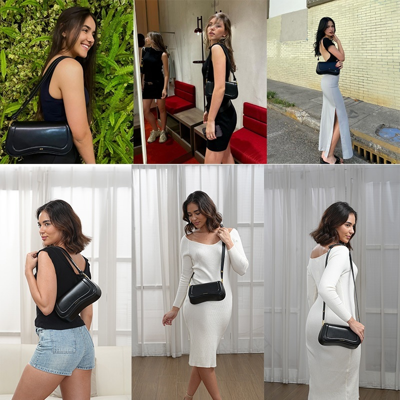 Bolsa de Ombro Feminina com Alça Ajustável, Bolsa Feminina Elegante com Couro Preto, Bolsa Transversal Tiracolo Presente