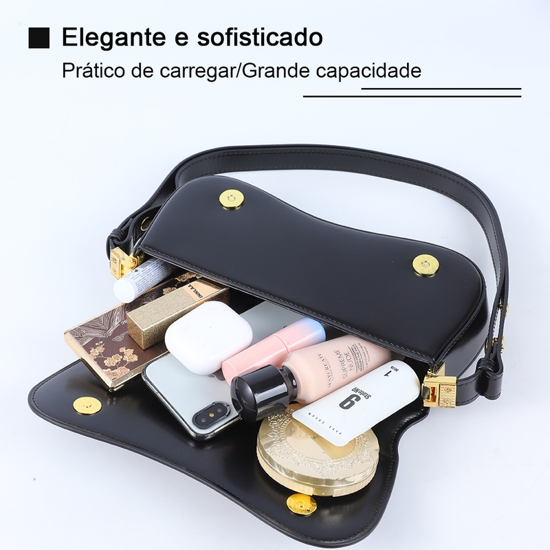 Bolsa de Ombro Feminina com Alça Ajustável, Bolsa Feminina Elegante com Couro Preto, Bolsa Transversal Tiracolo Presente