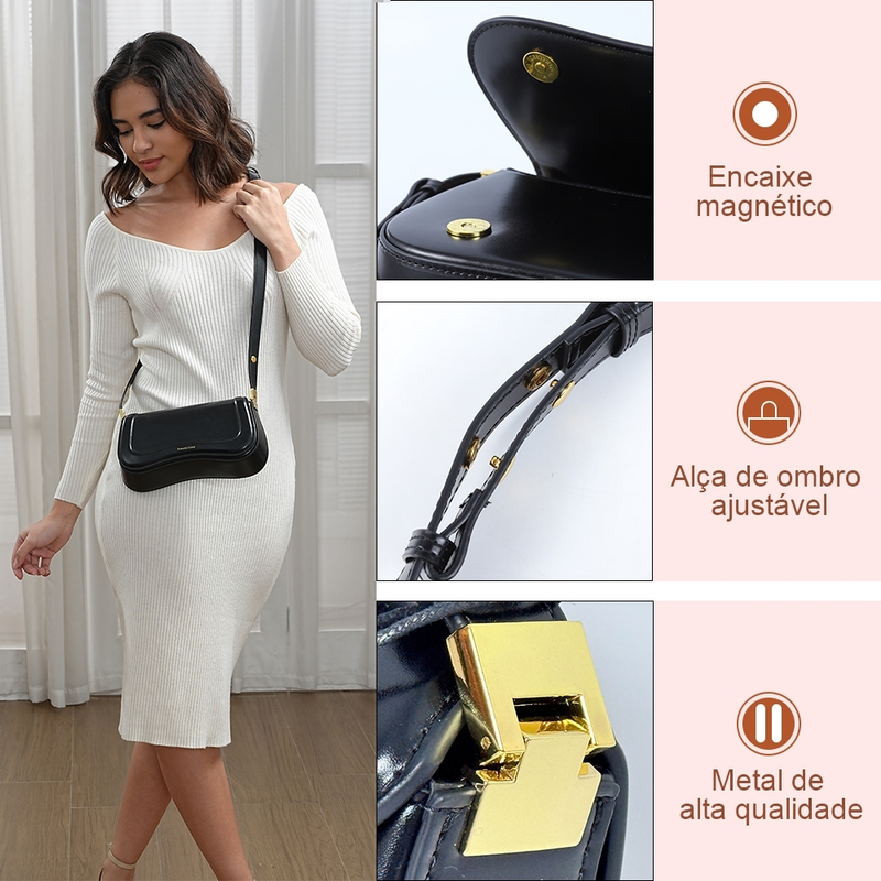 Bolsa de Ombro Feminina com Alça Ajustável, Bolsa Feminina Elegante com Couro Preto, Bolsa Transversal Tiracolo Presente