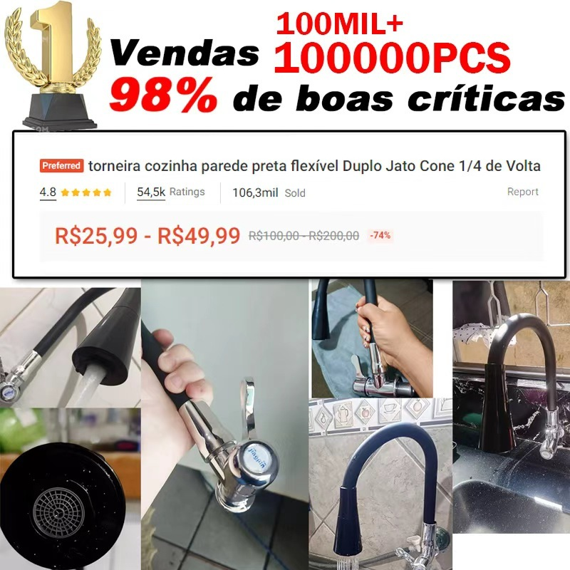 torneira cozinha parede preta flexível Duplo Jato Cone 1/4 de Volta