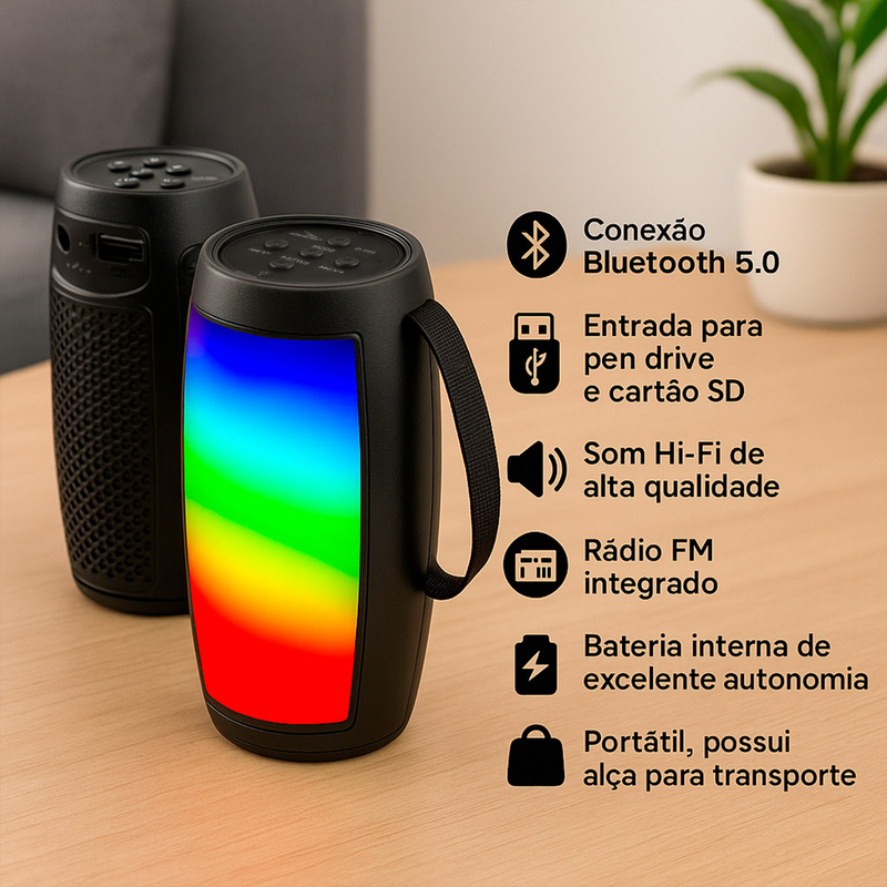 Caixa De Som Bluetooth Amplificada Potente LED RGB USB SD Radio Fm Mp3 Celular Note Tablet Conexão TWS