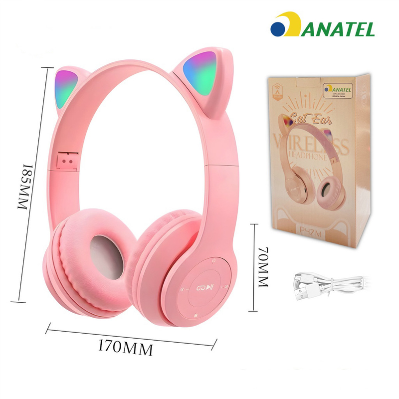 Fones de ouvido de gato com LED sem fio Bluetooth para gatinhos