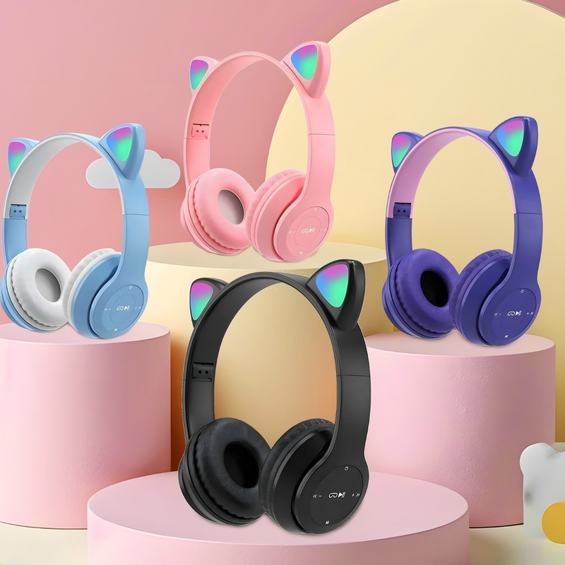Fones de ouvido de gato com LED sem fio Bluetooth para gatinhos