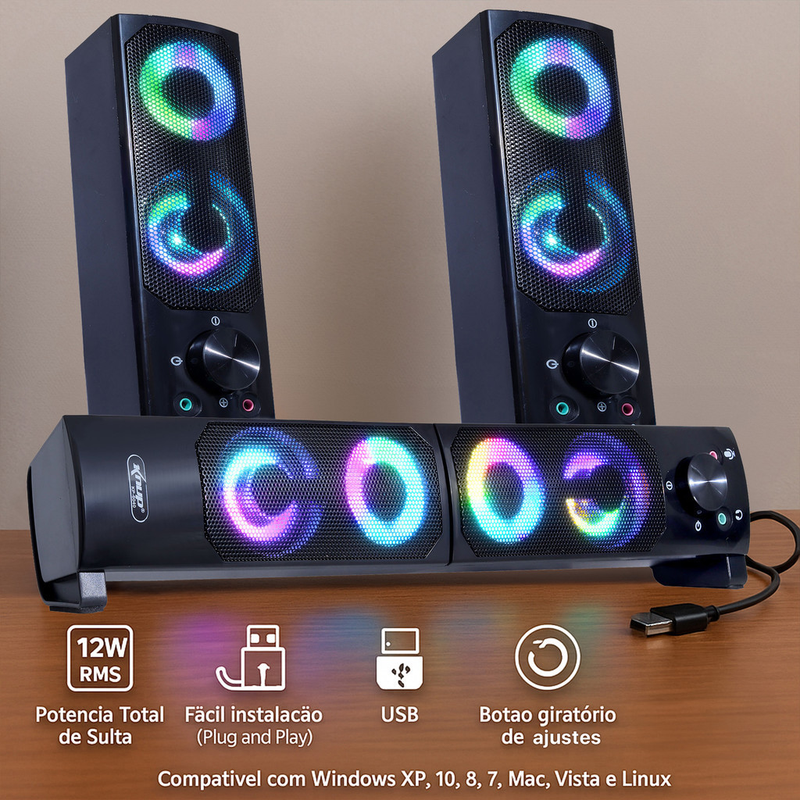 Caixa de Som SoundBar Pc Gamer Subwoofer P2 Led Rgb Pc Notebook Celular Tablet